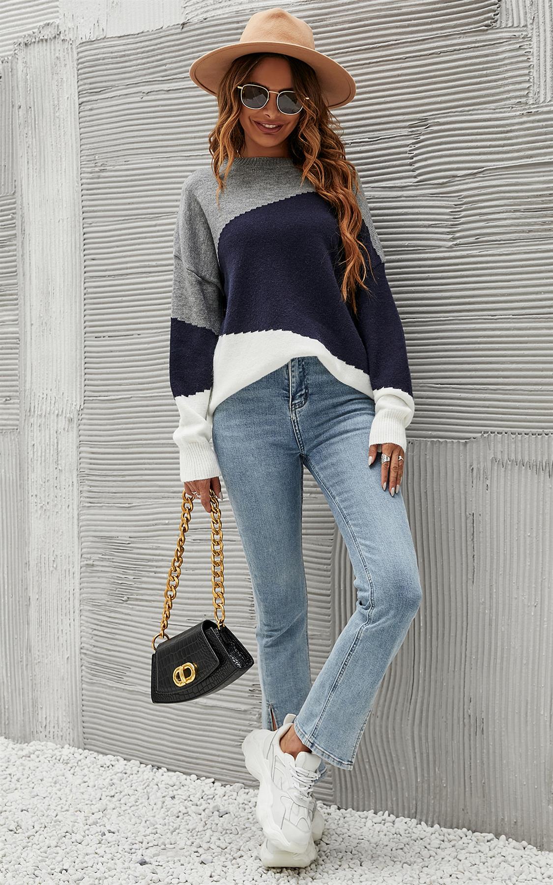 Navy & White Block Colour Jumper Top in Grey - Miola