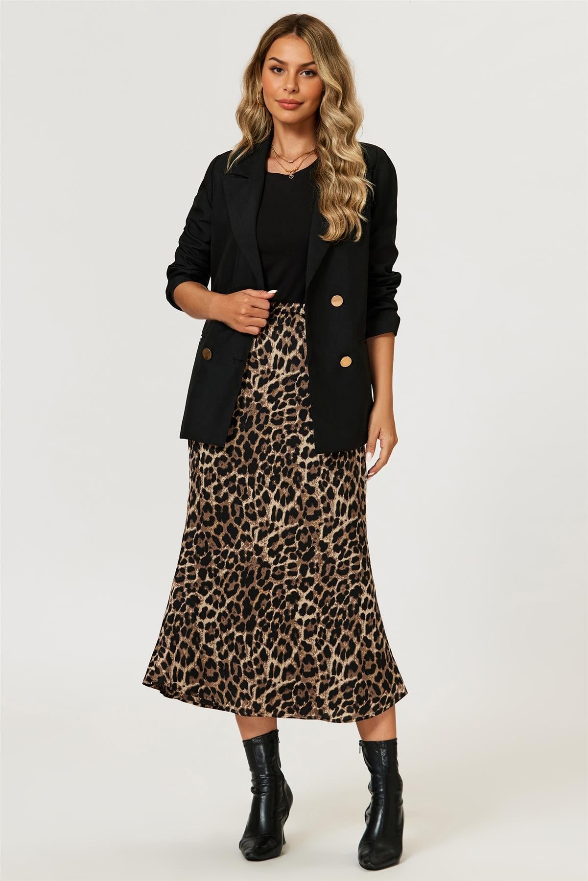 Leopard Print Satin Midi Skirt In Brown