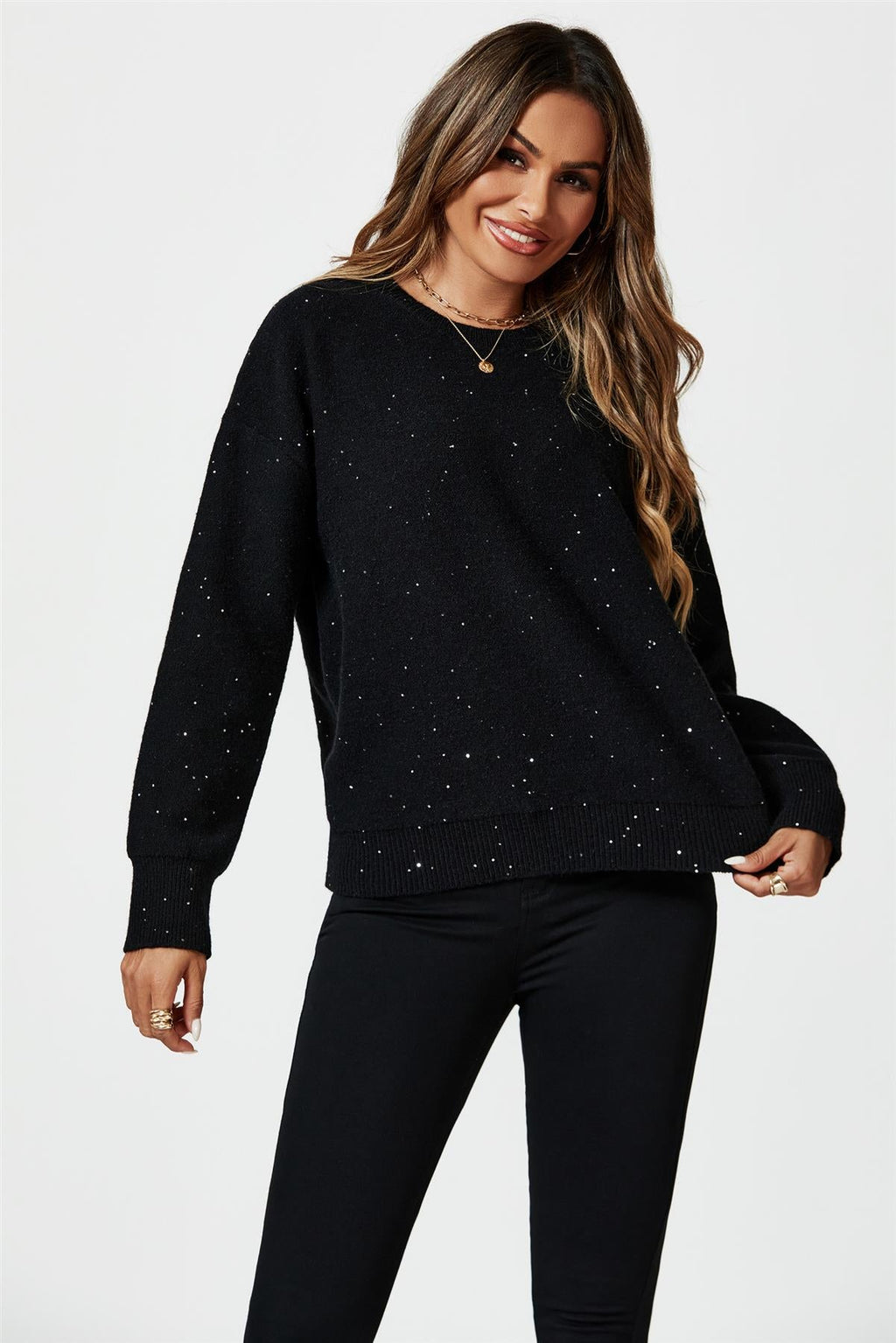 Scatter Sequin Jumper Top In Black