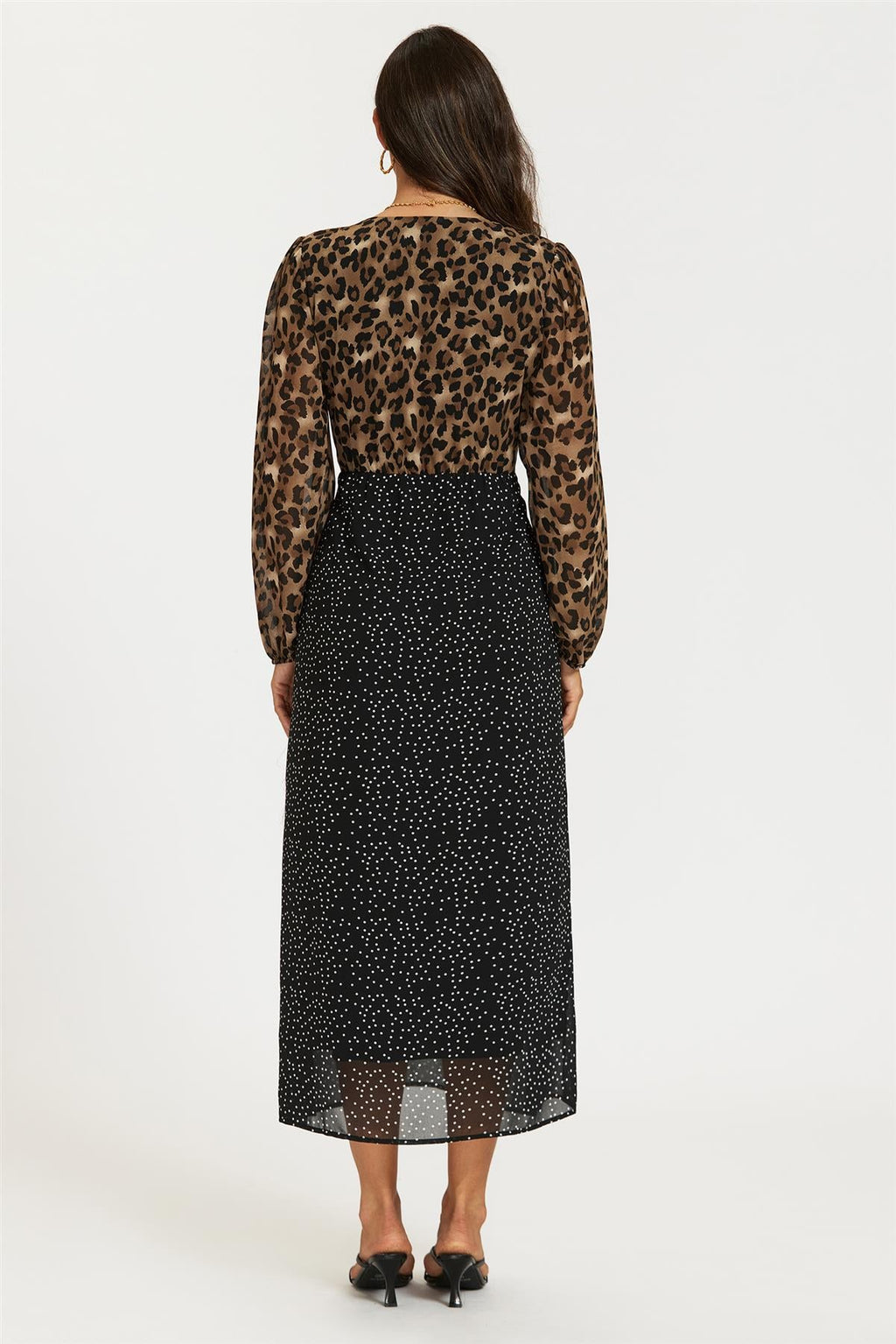 Black Dot & Brown Leopard Print Long Sleeve Maxi Dress