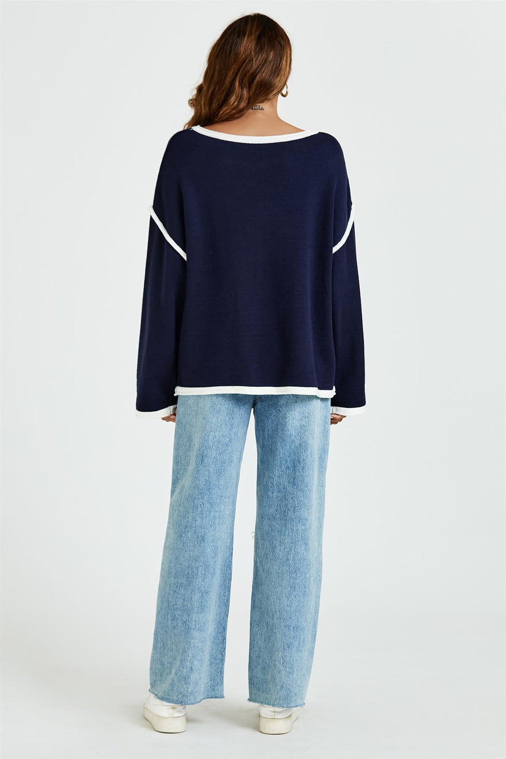 White Striped Oversized Jumper Top in Navy - Miola