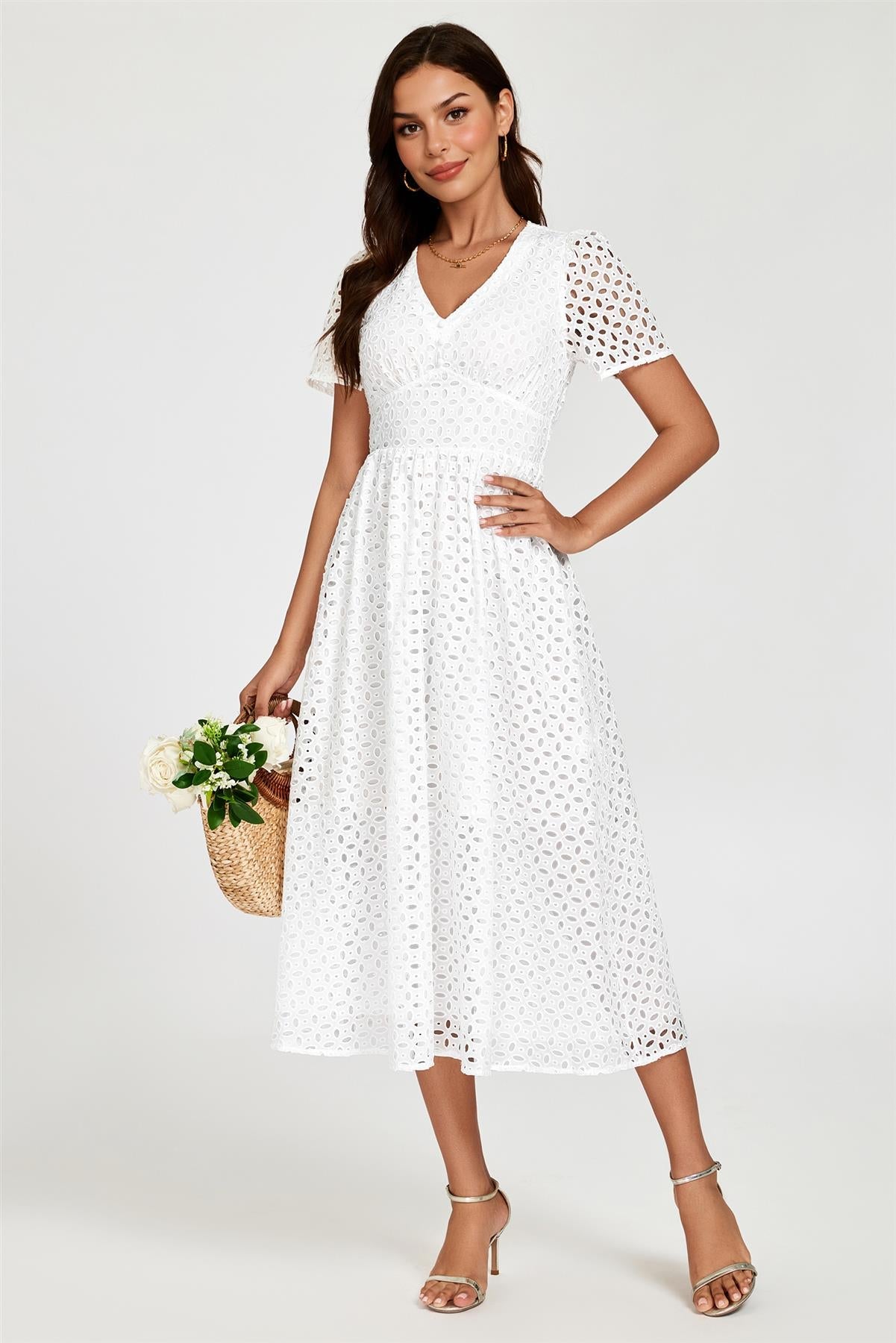 Broderie Anglaise Midi Dress In White