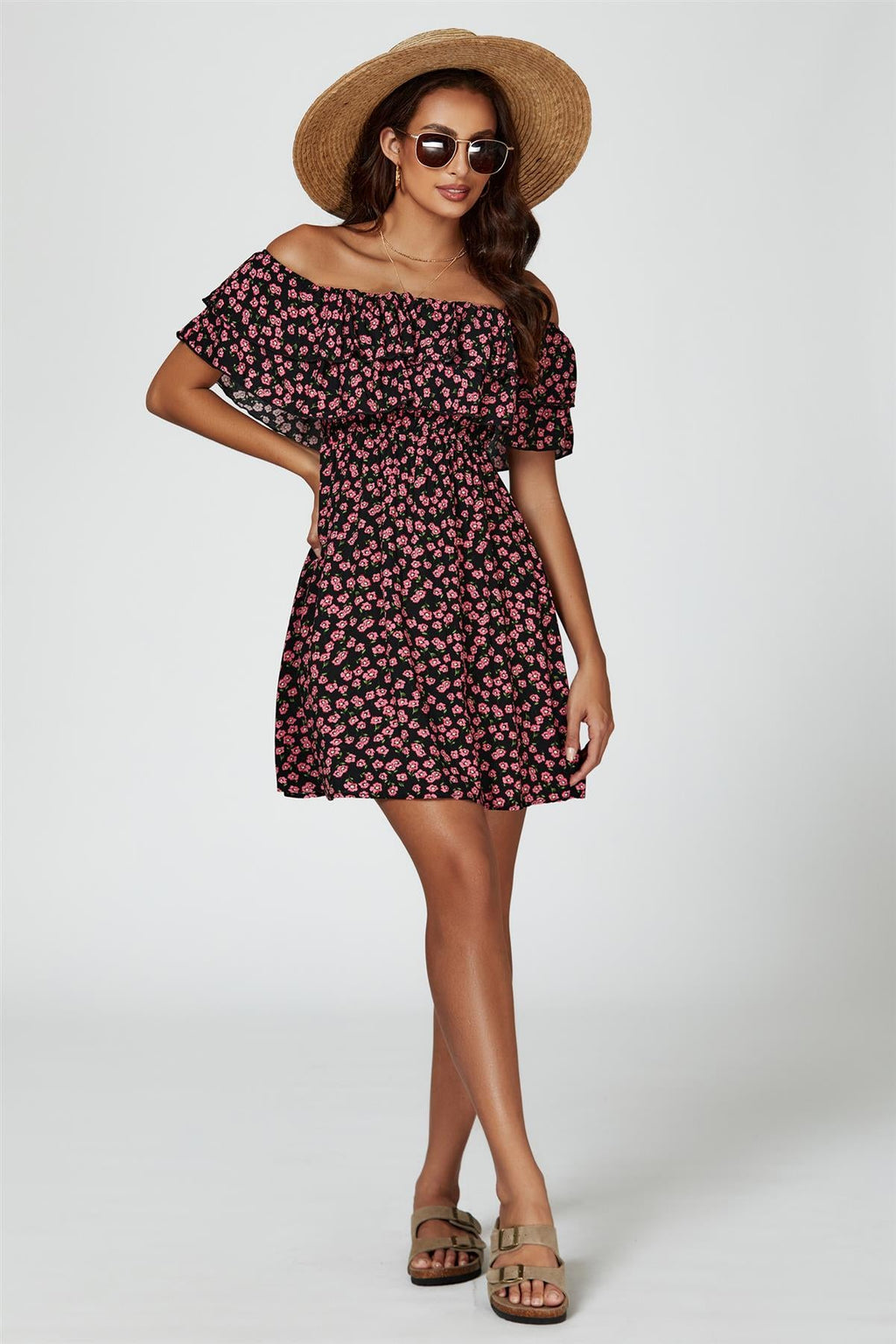 Floral Print Bardot Frill Mini Dress In Black