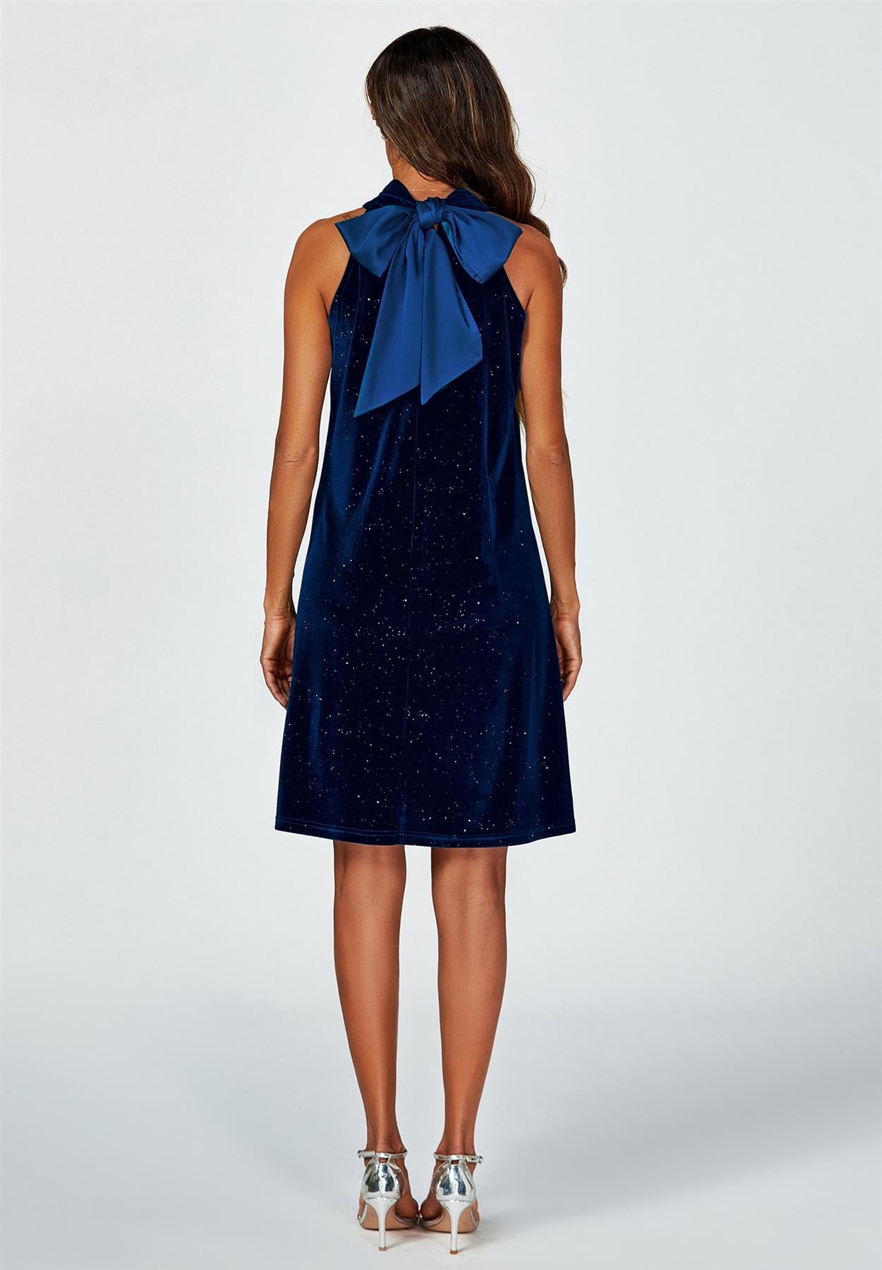 Silver Foil Velvet Halter Neck Tie Back Mini Dress In Navy