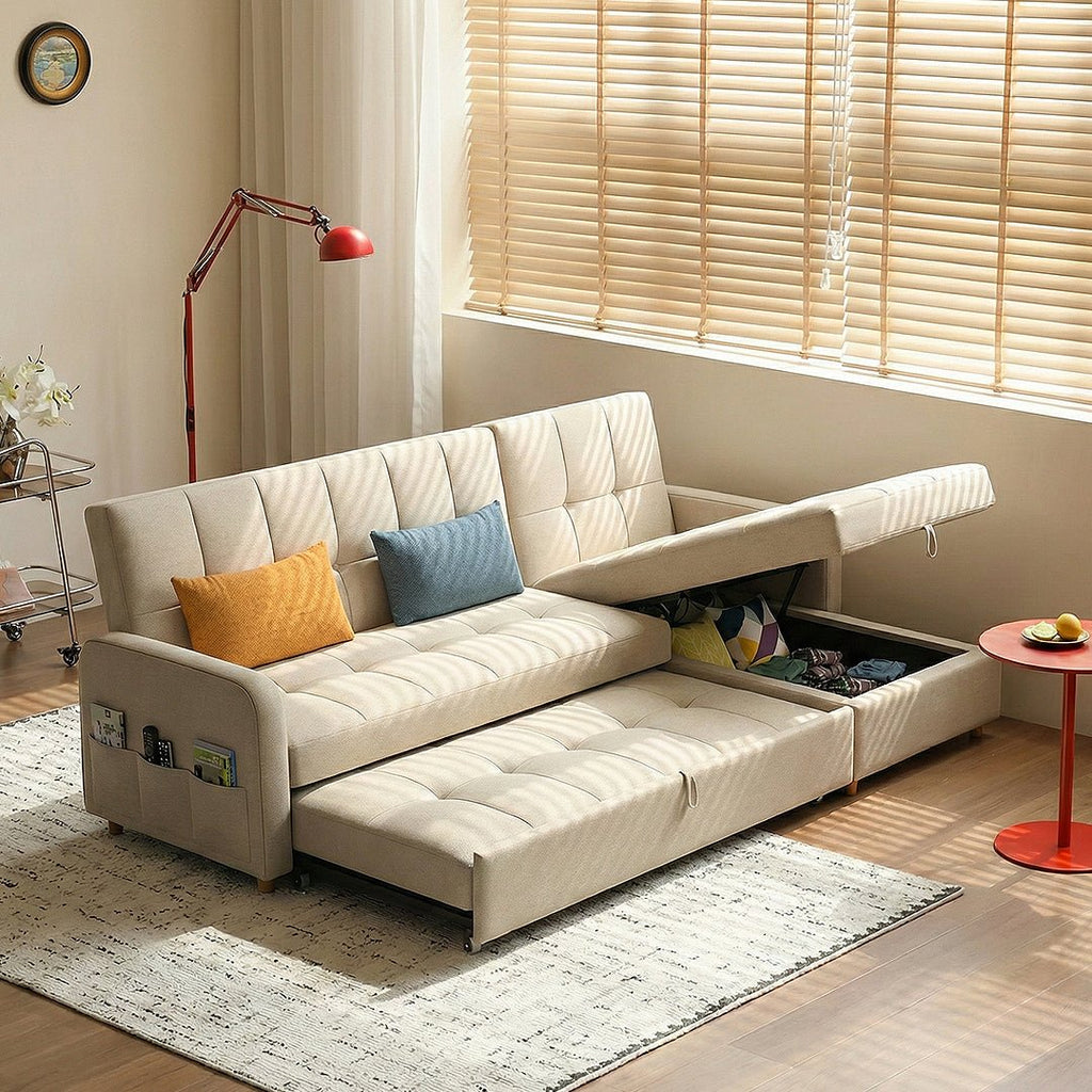 ML203 Three Seater Sofa Bed, L Shape Sofa Bed With Storage, Linen - Miola