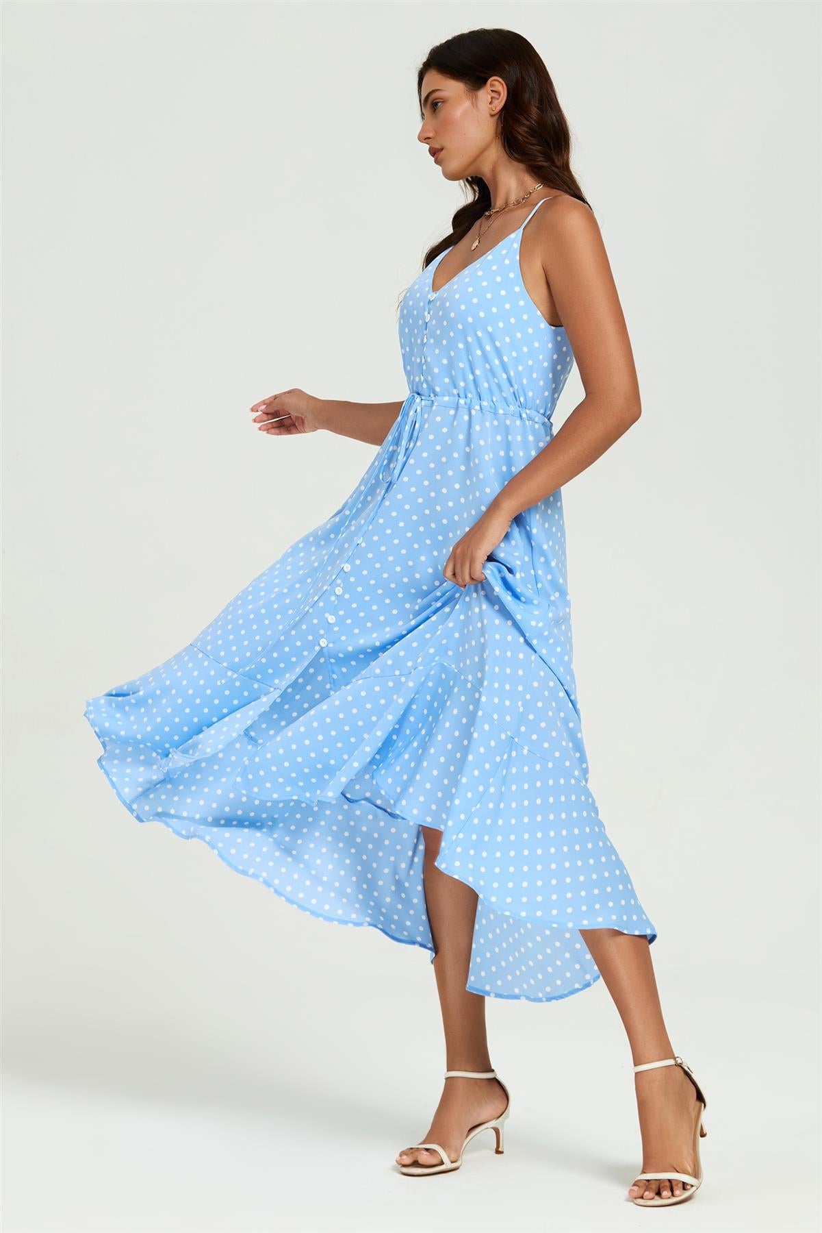 Dot Print Button Down High Low Strappy Dress In Light Blue