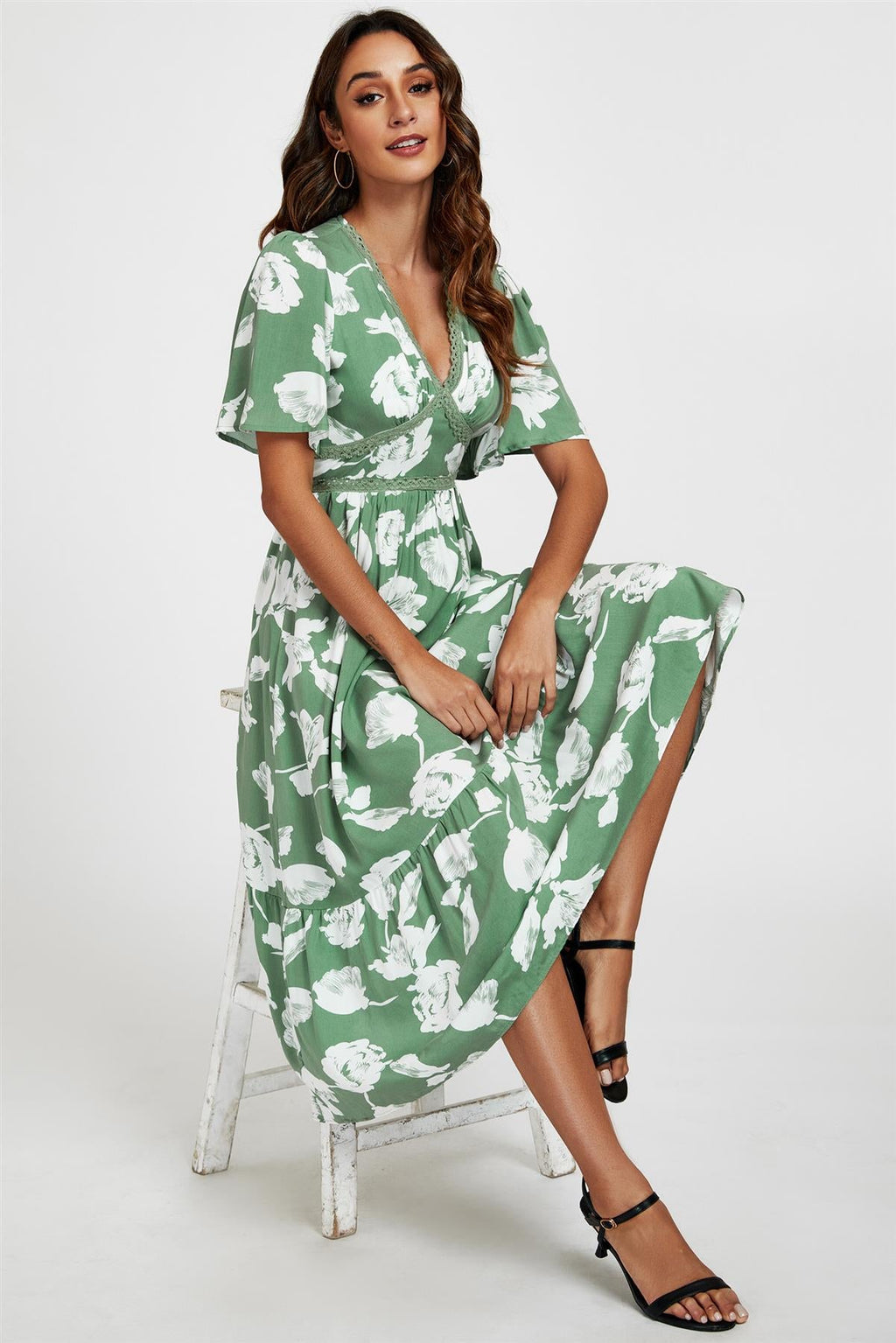 White Floral Print Lace Detail Angel Sleeve Midi Dress In Green