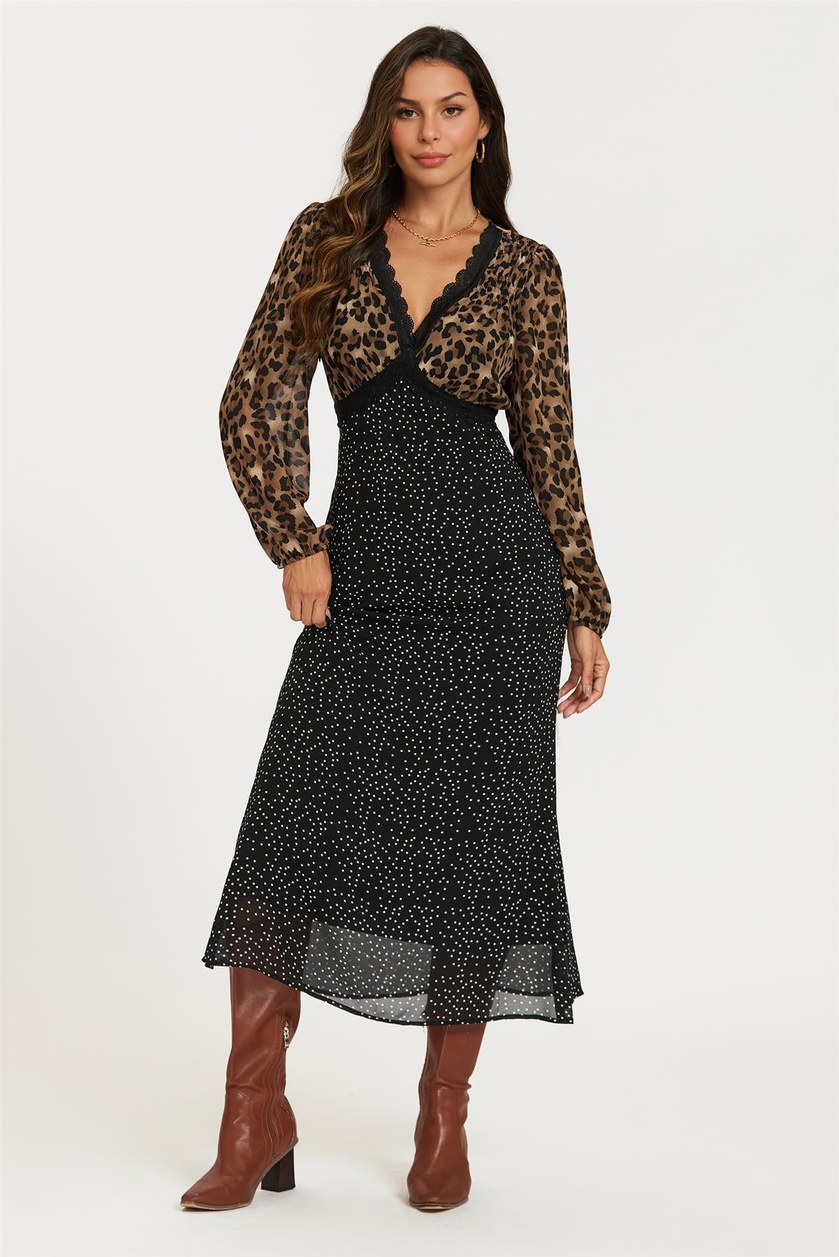 Black Dot & Brown Leopard Print Long Sleeve Maxi Dress