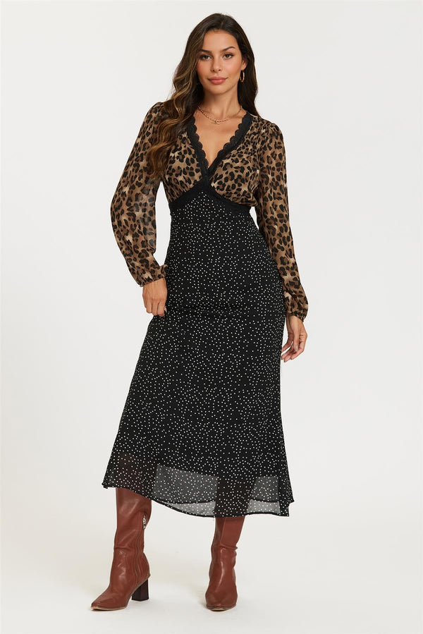 Black Dot & Brown Leopard Print Long Sleeve Maxi Dress - Miola