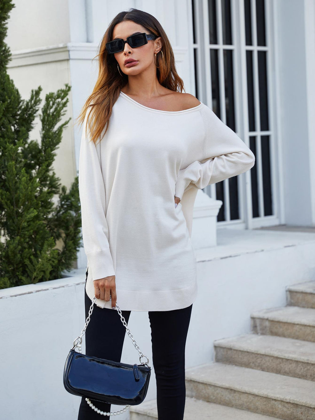 Oversize Knitted Jumper Top in Ecru - Miola