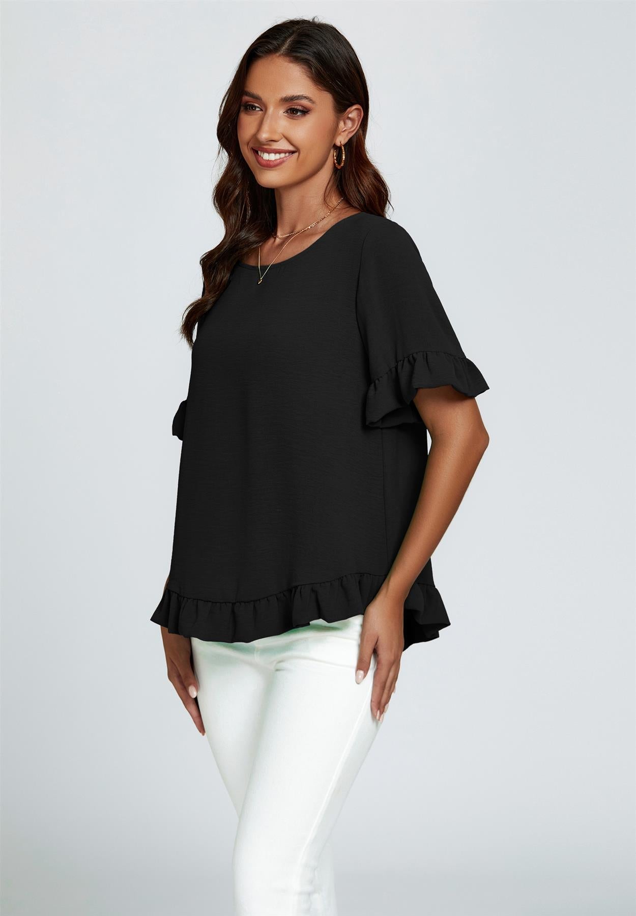 Frill Detail Short Sleeves Top In Black