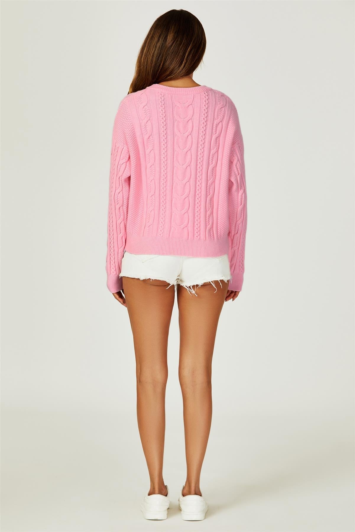 Cable Knit Crew Neck Jumper In Pink