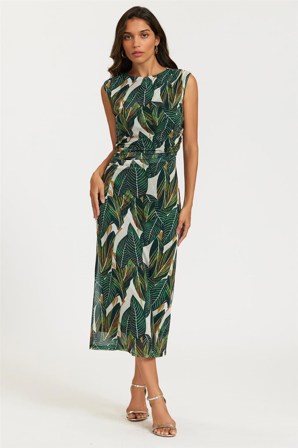 Leaf Print Mesh Maxi Dress in Green - Miola