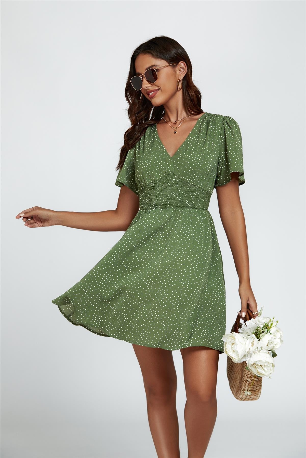 Dot Print Short Sleeve Mini Dress In Green