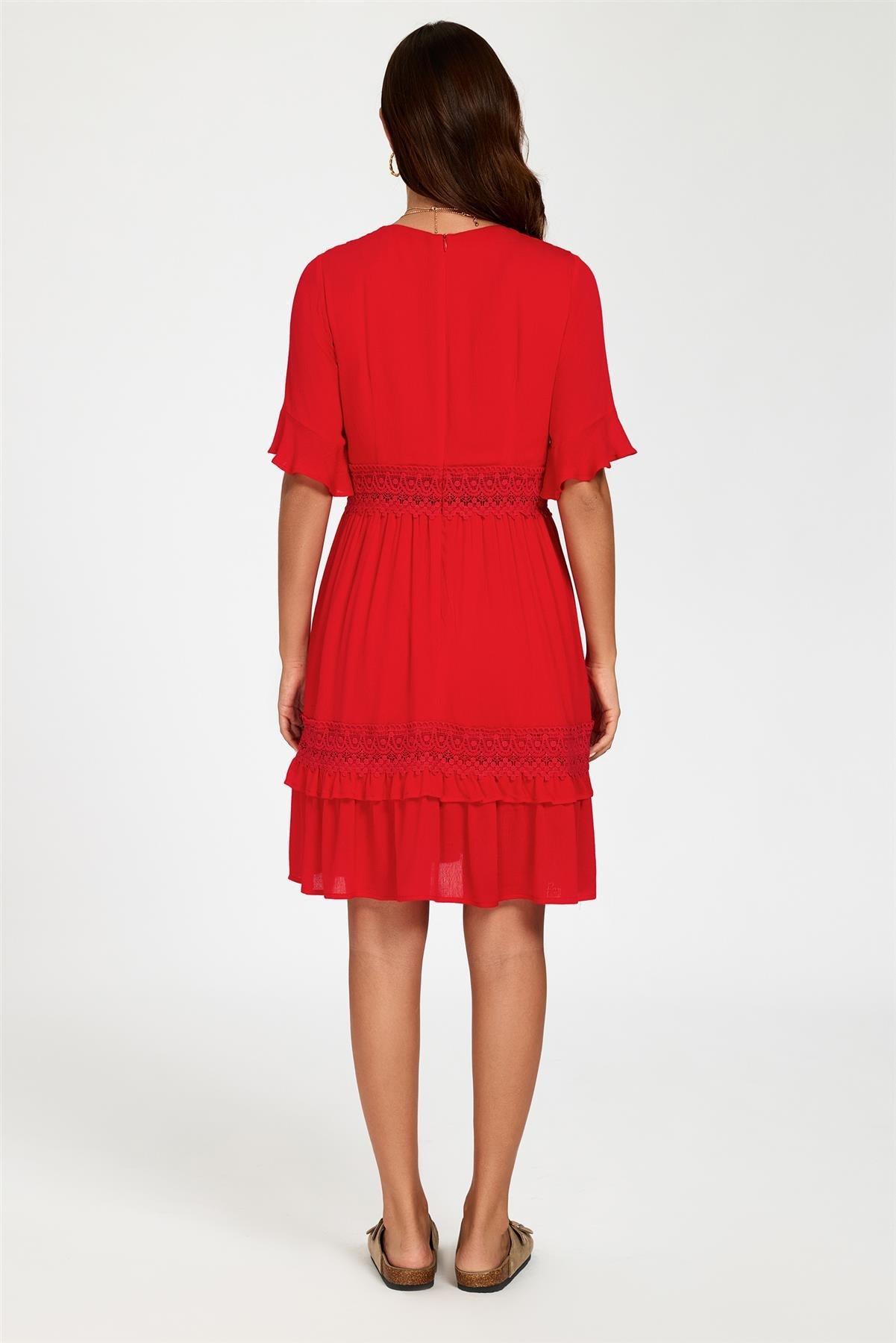 V Neck Lace Mini Dress In Red