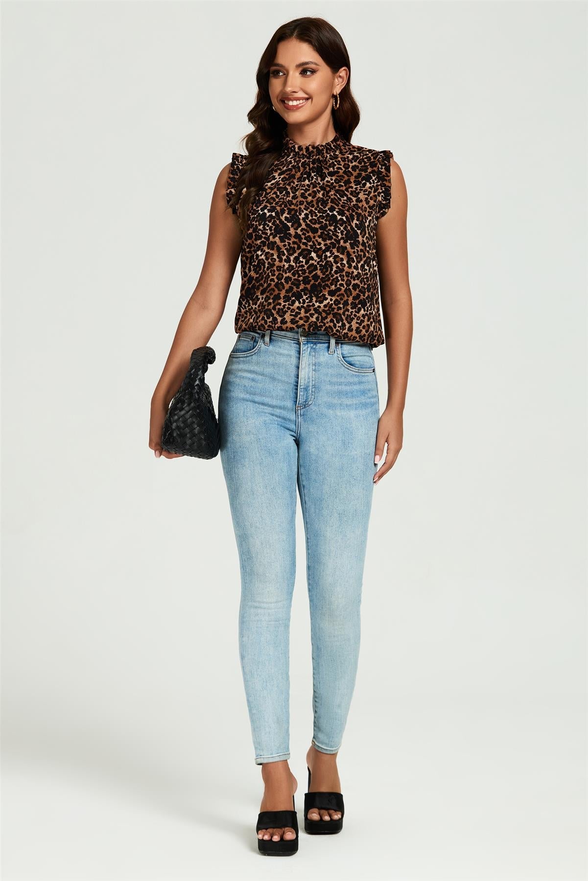 Leopard Print Frill Trim Sleeve Frill Neck Blouse Top In Brown