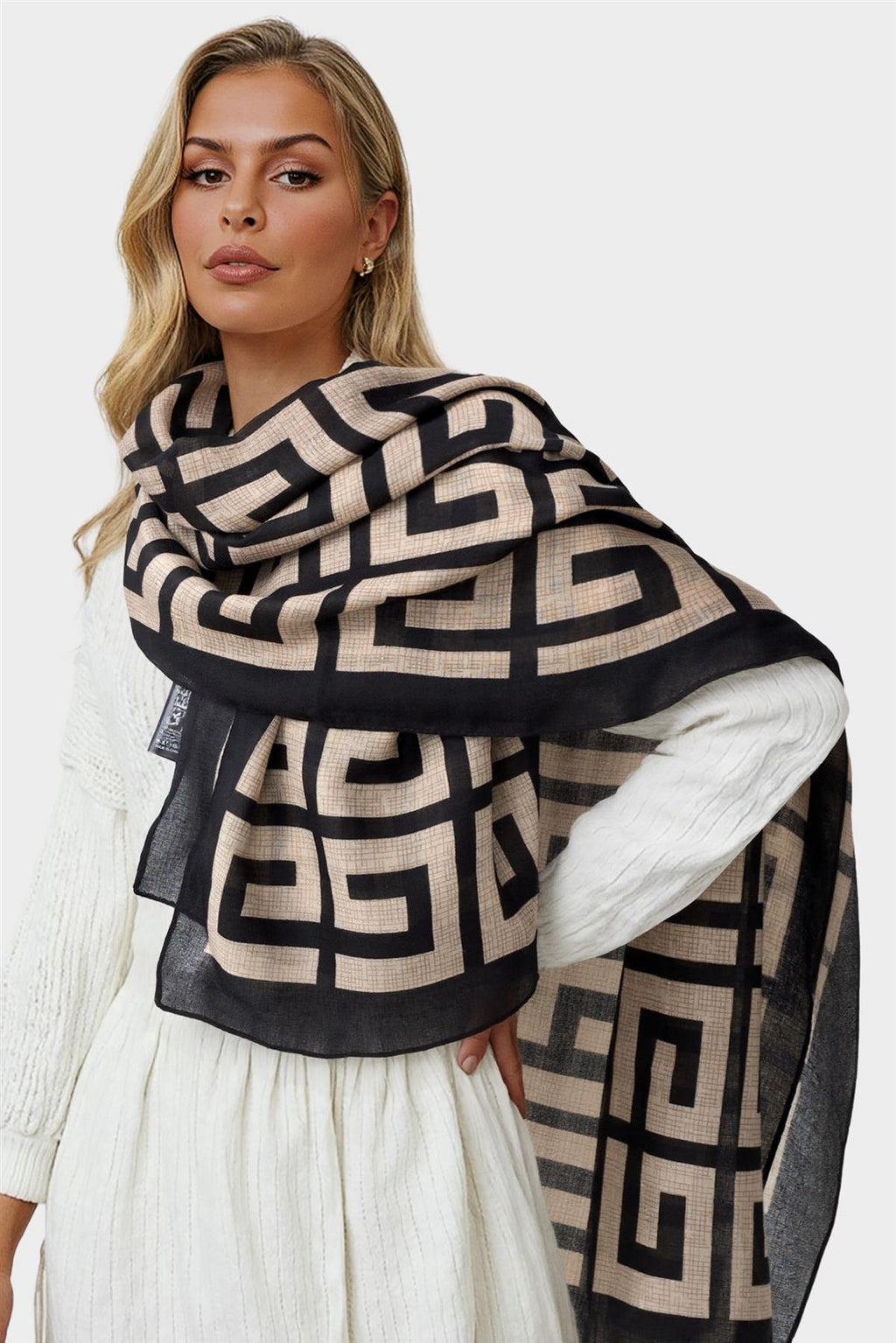 Geo Print Scarf In Beige & Black