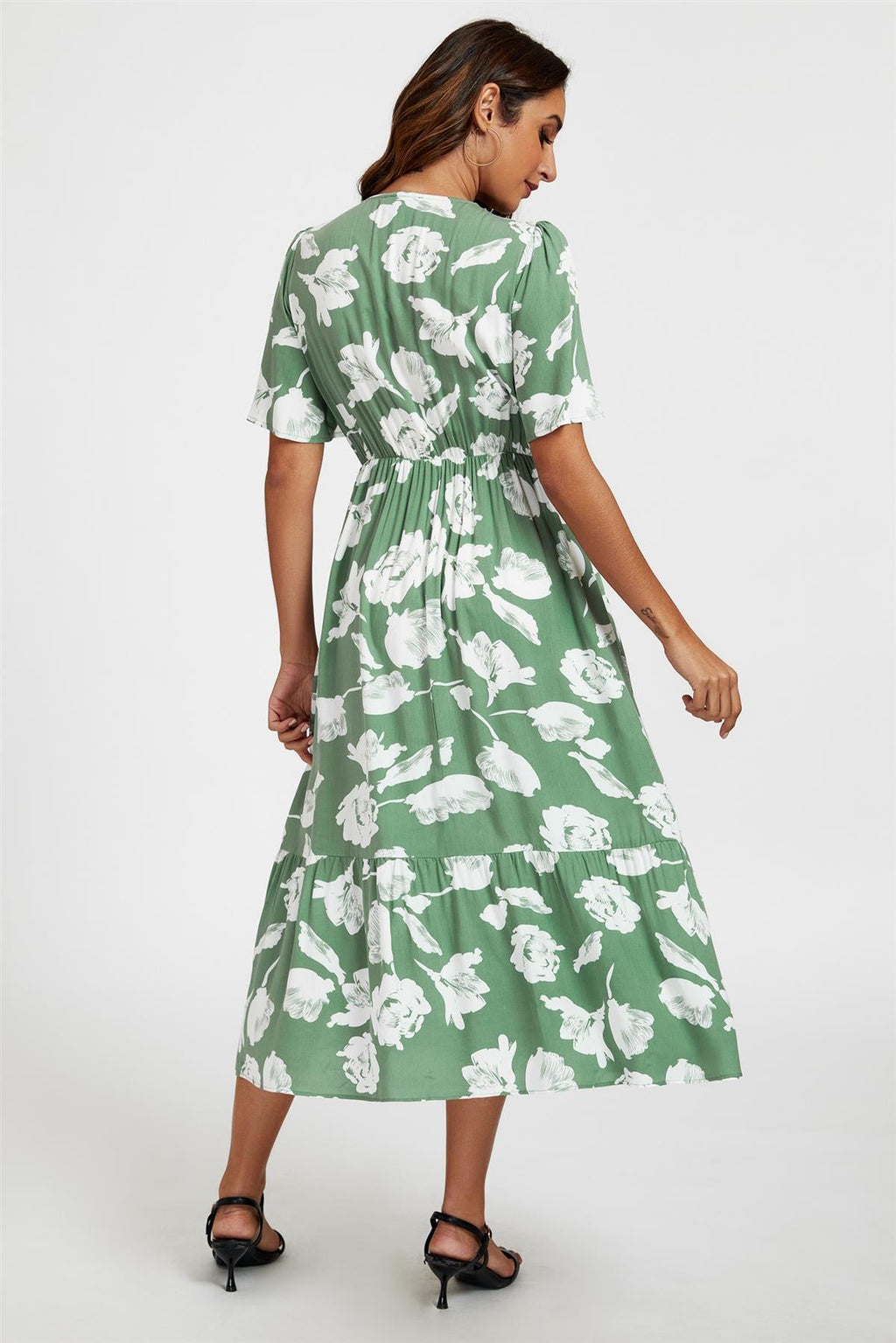 White Floral Print Lace Detail Angel Sleeve Midi Dress In Green