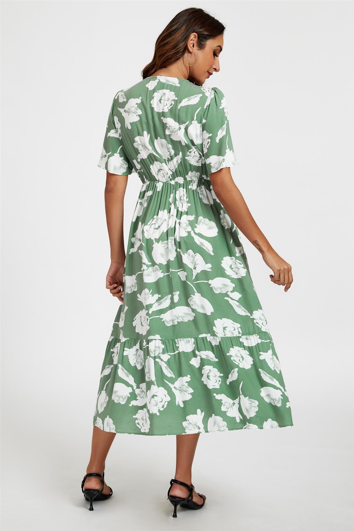 White Floral Print Lace Detail Angel Sleeve Midi Dress In Green