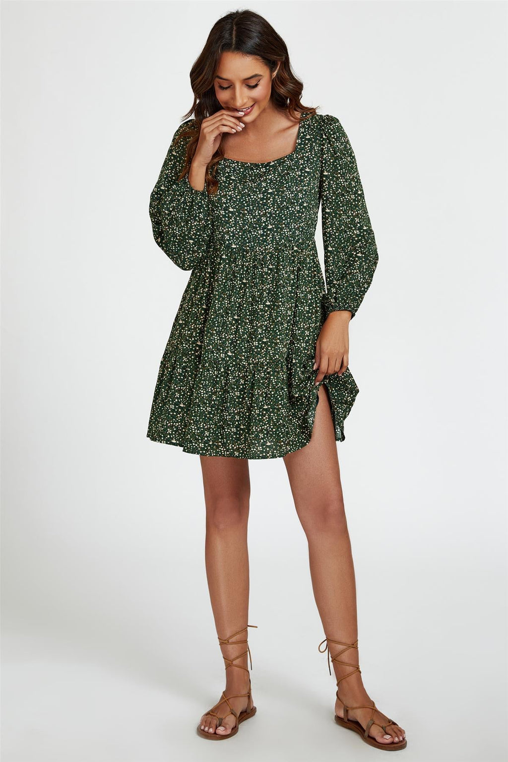 Little Floral Print Square Neck Mini Dress In Olive Green
