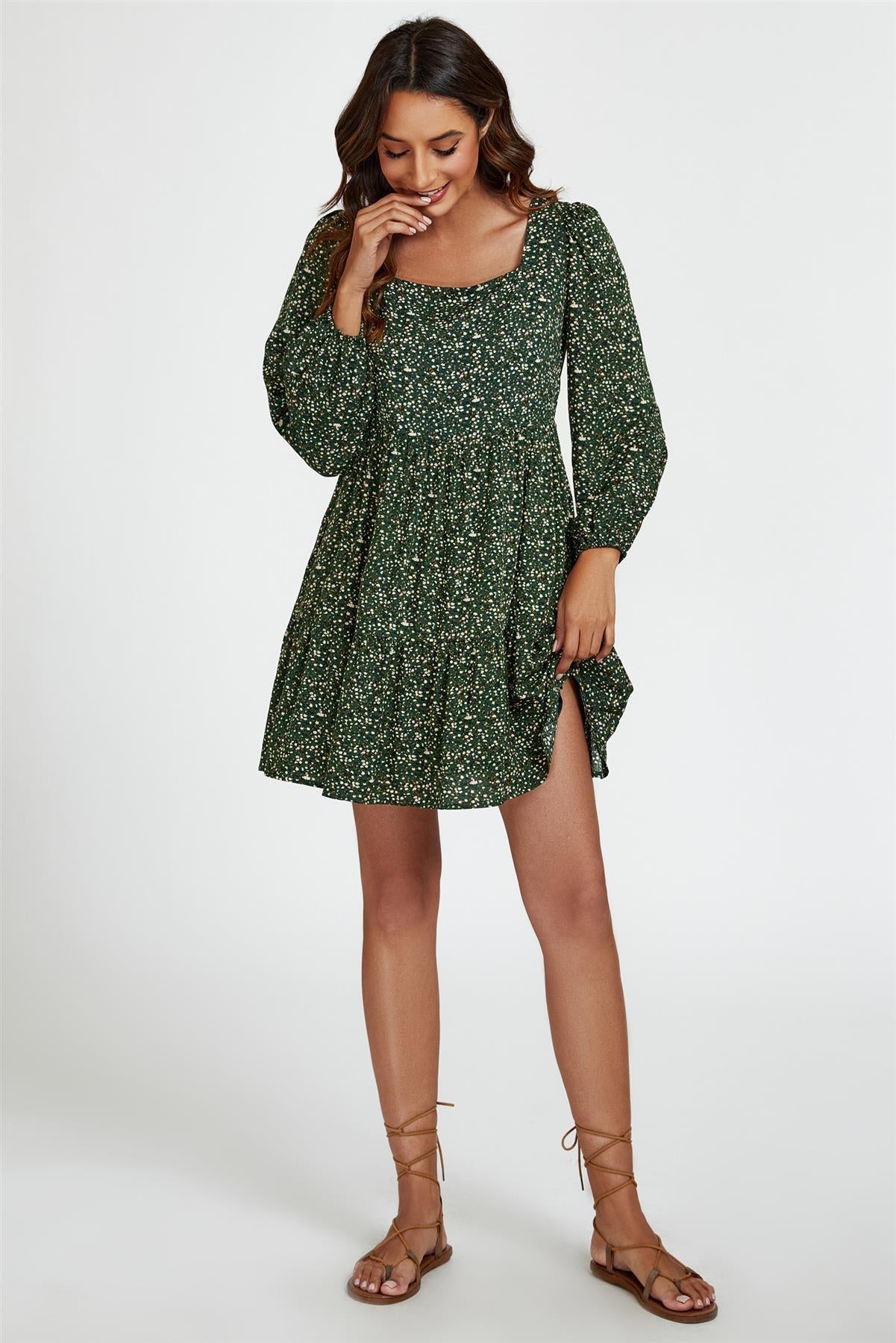 Little Floral Print Square Neck Mini Dress In Olive Green