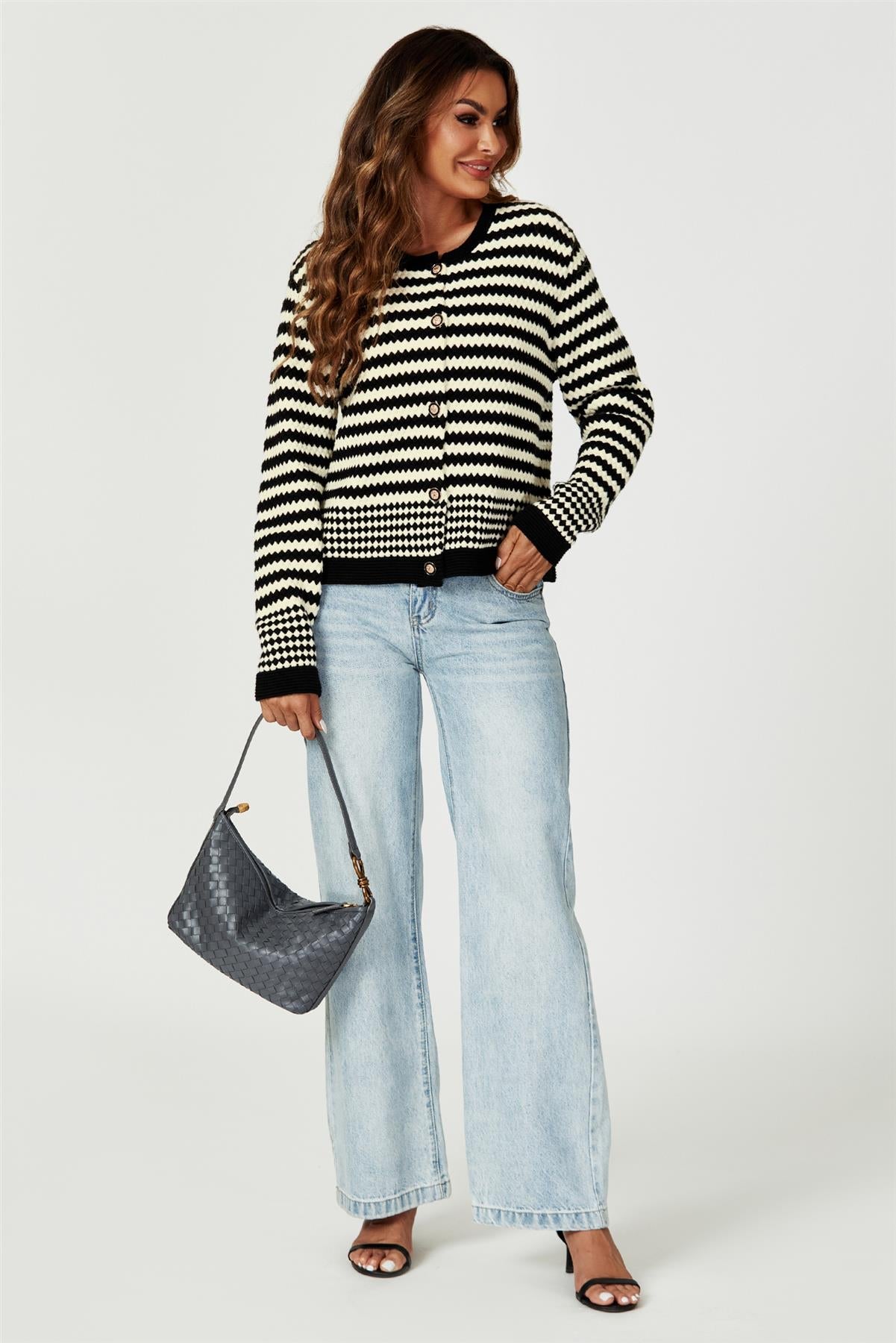 Geo Pattern Knitted Cardigan In Black