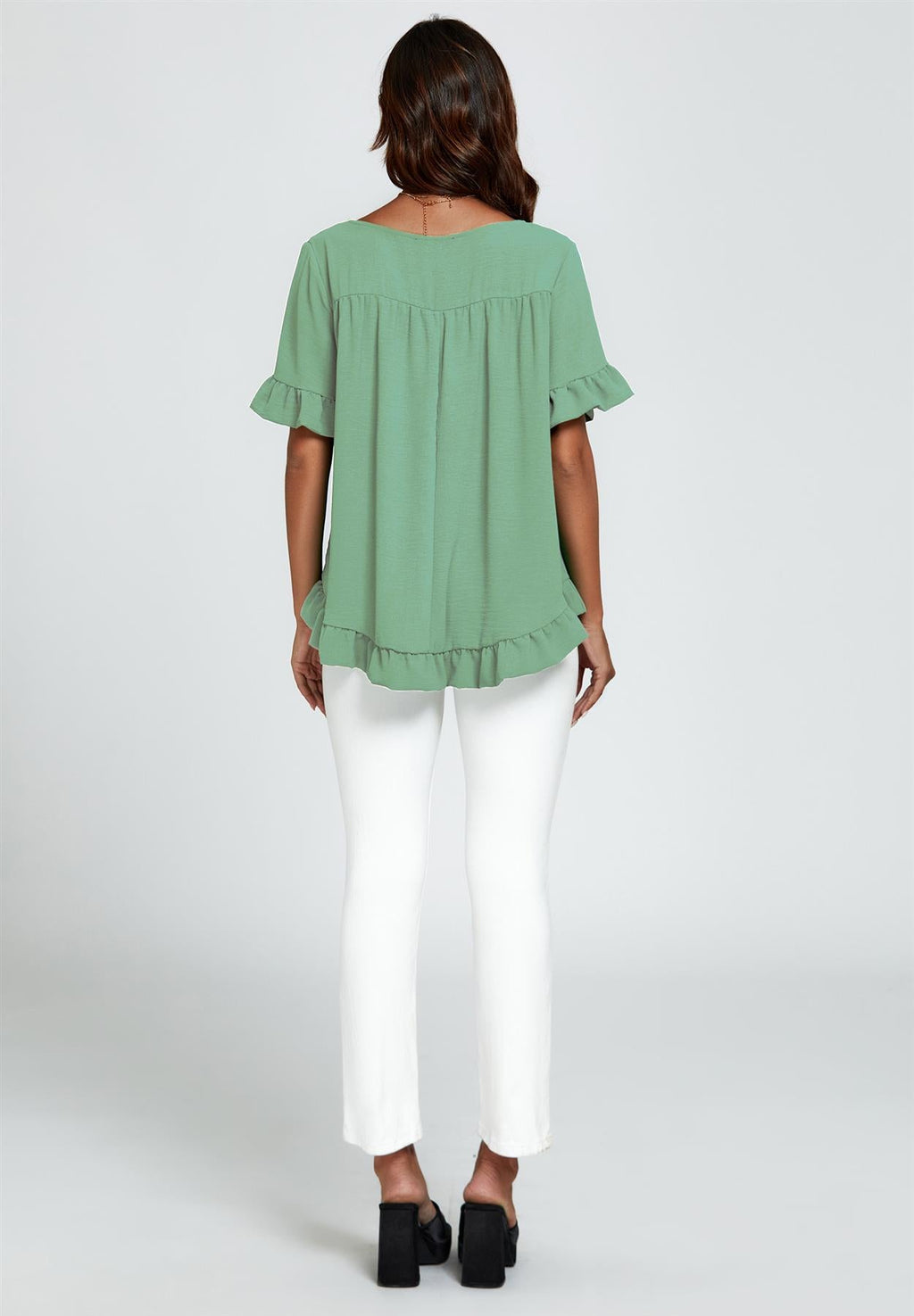 Frill Detail Short Sleeves Top In Light Green