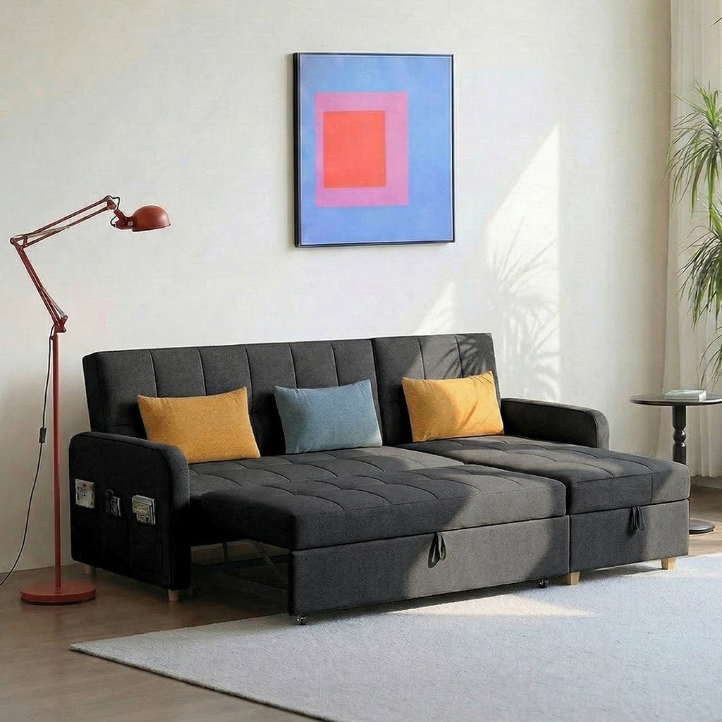 ML203 Three Seater Sofa Bed, L Shape Sofa Bed With Storage, Linen - Miola