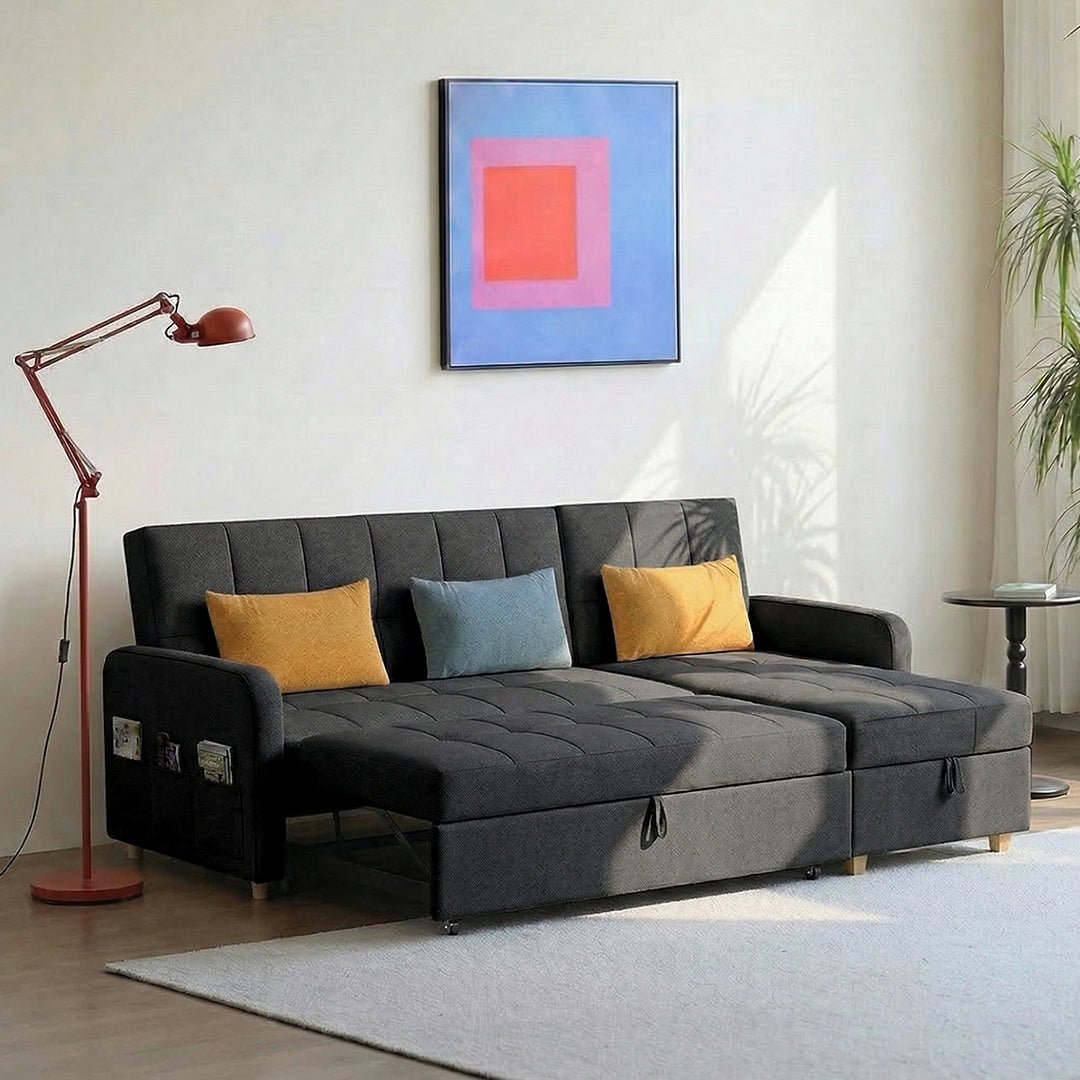 ML203 Three Seater Sofa Bed, L Shape Sofa Bed With Storage, Linen - Miola