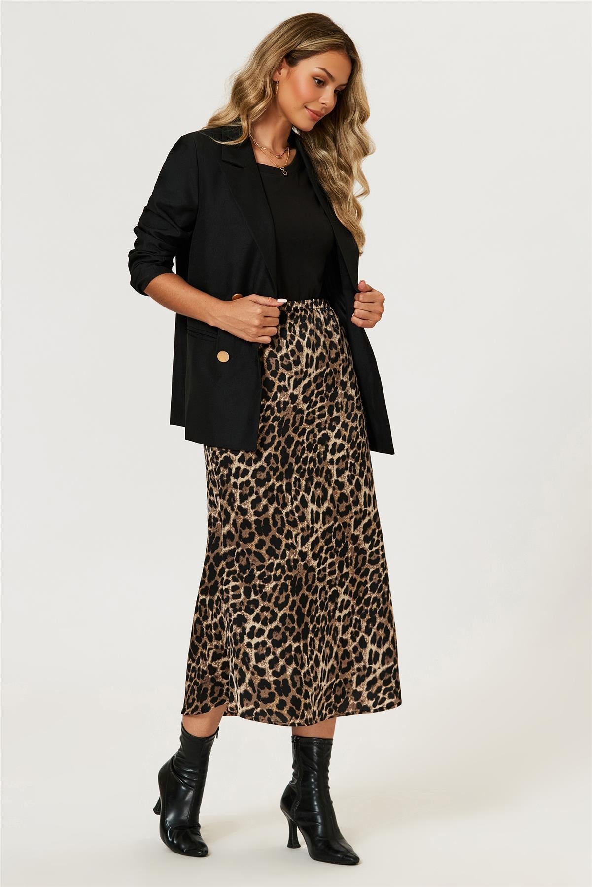 Leopard Print Satin Midi Skirt In Brown