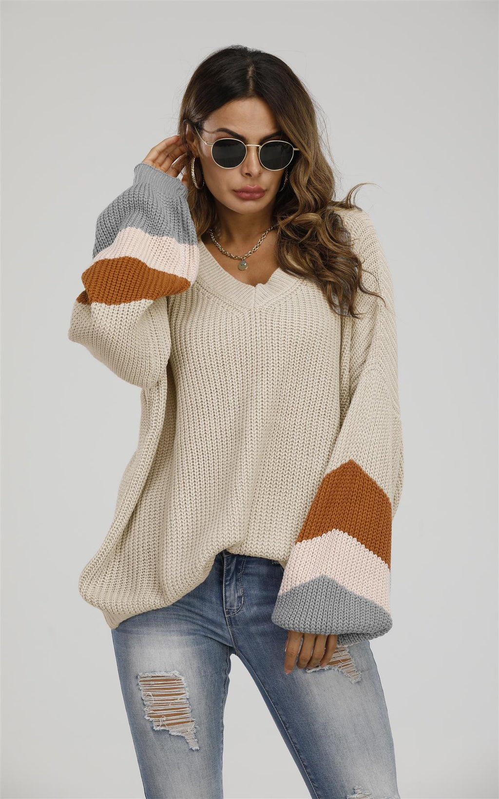 Striped Jumper in Beige & Peach Pink & Camel - Miola