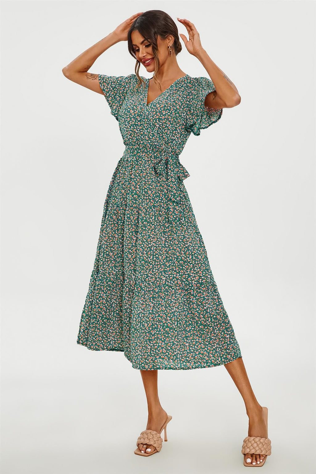 Orange Floral Print Hem Tiered Wrap Midi Dress In Green