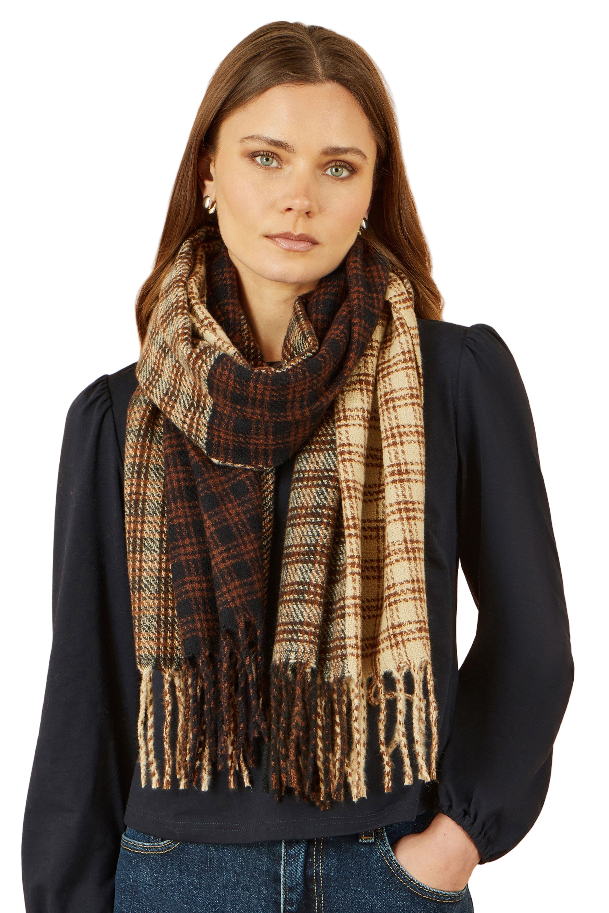 Brown Mixed Check Scarf