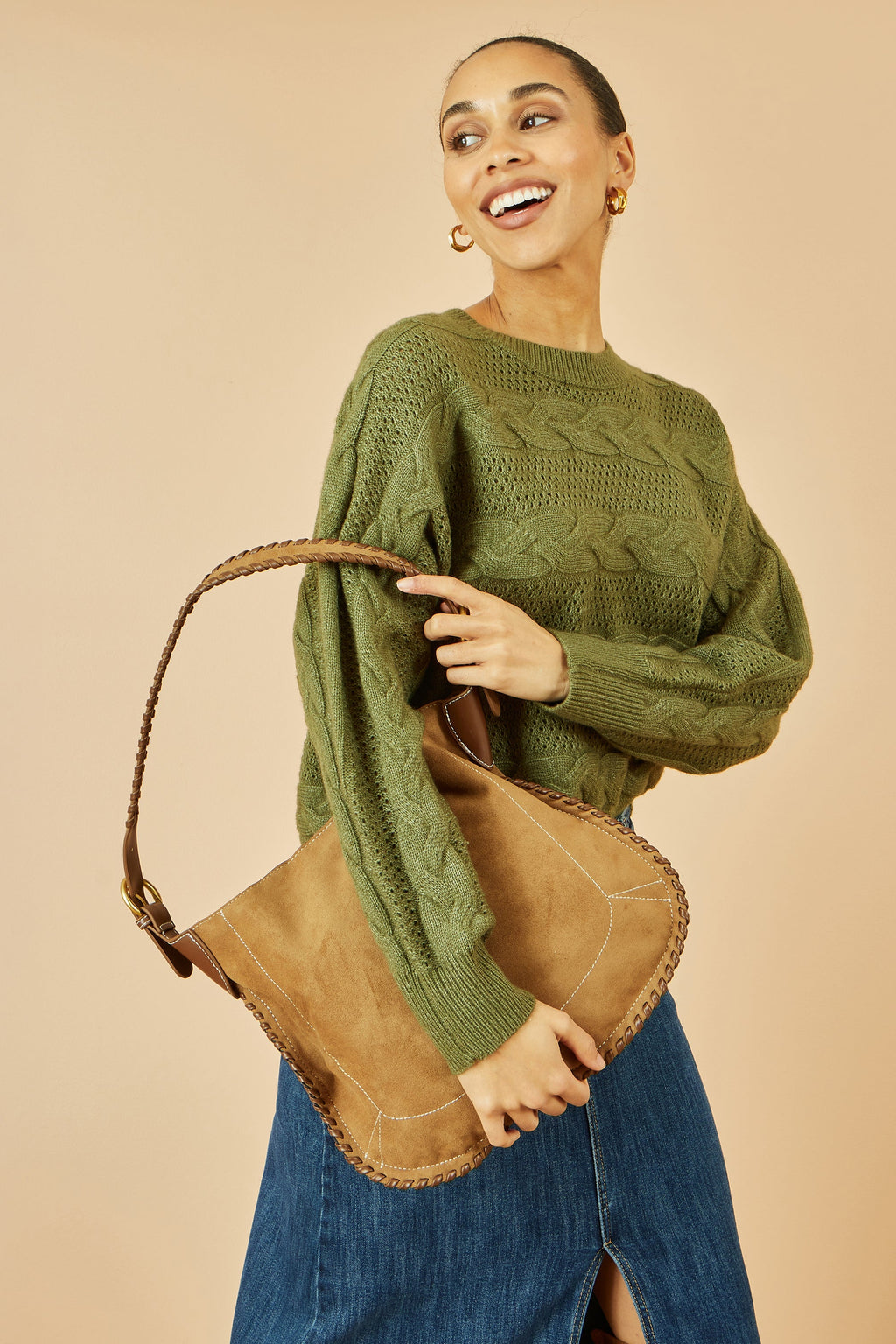 Tan Faux Suede Stitching Bag