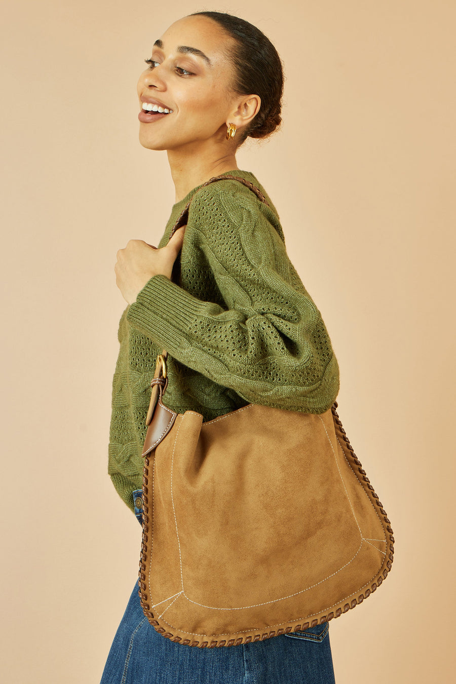 Tan Faux Suede Stitching Bag