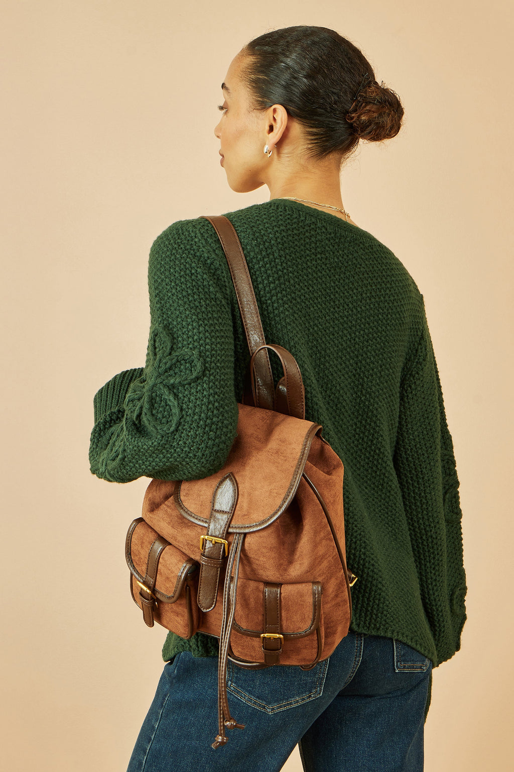 Tan Faux Suede Pocket Rucksack