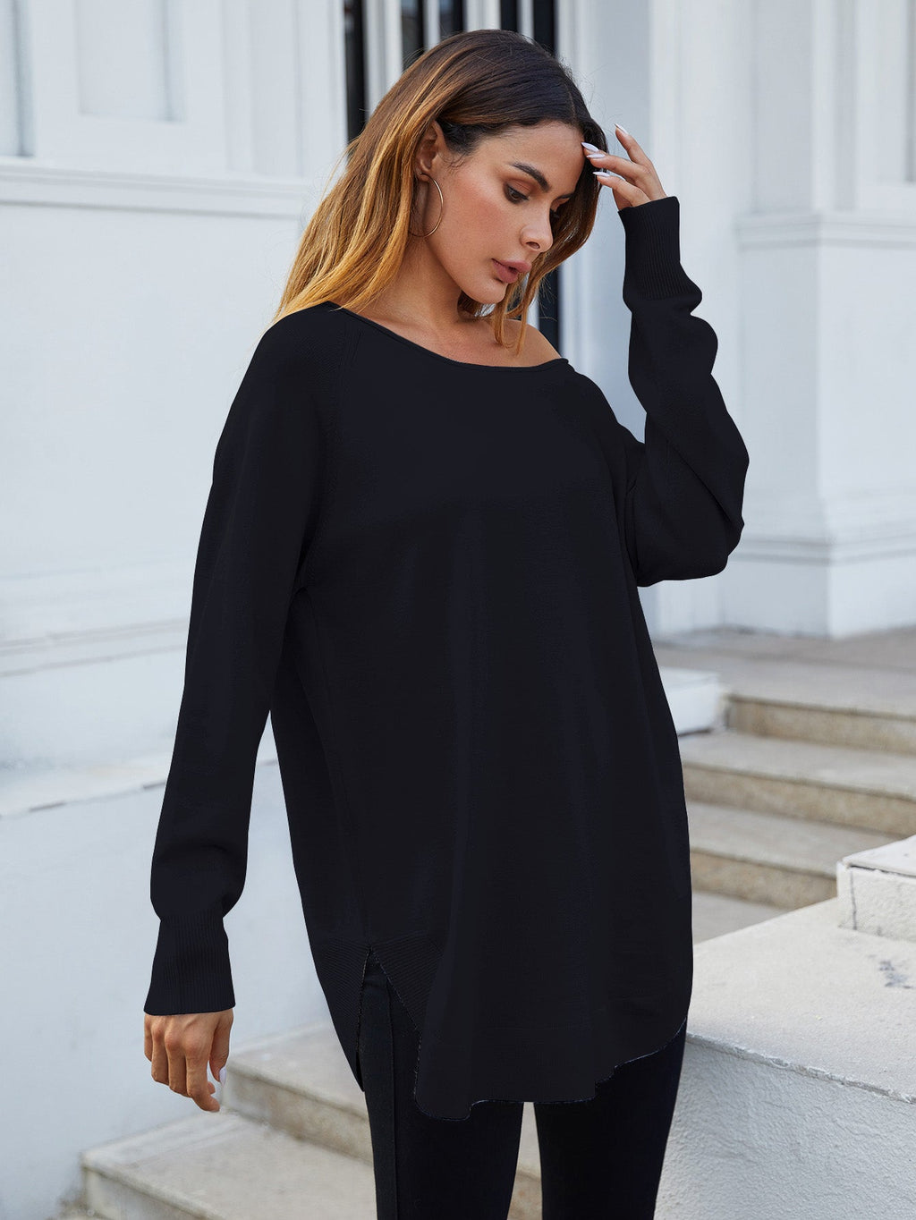 Oversize Knitted Jumper Top in Black - Miola