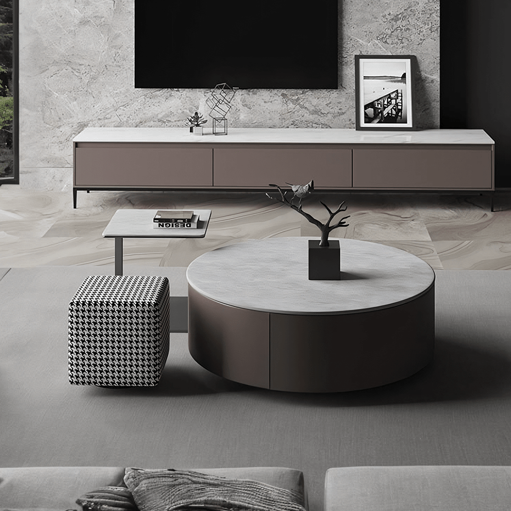 Alvis Coffee Table Set With Stool, Sintered Stone - Miola