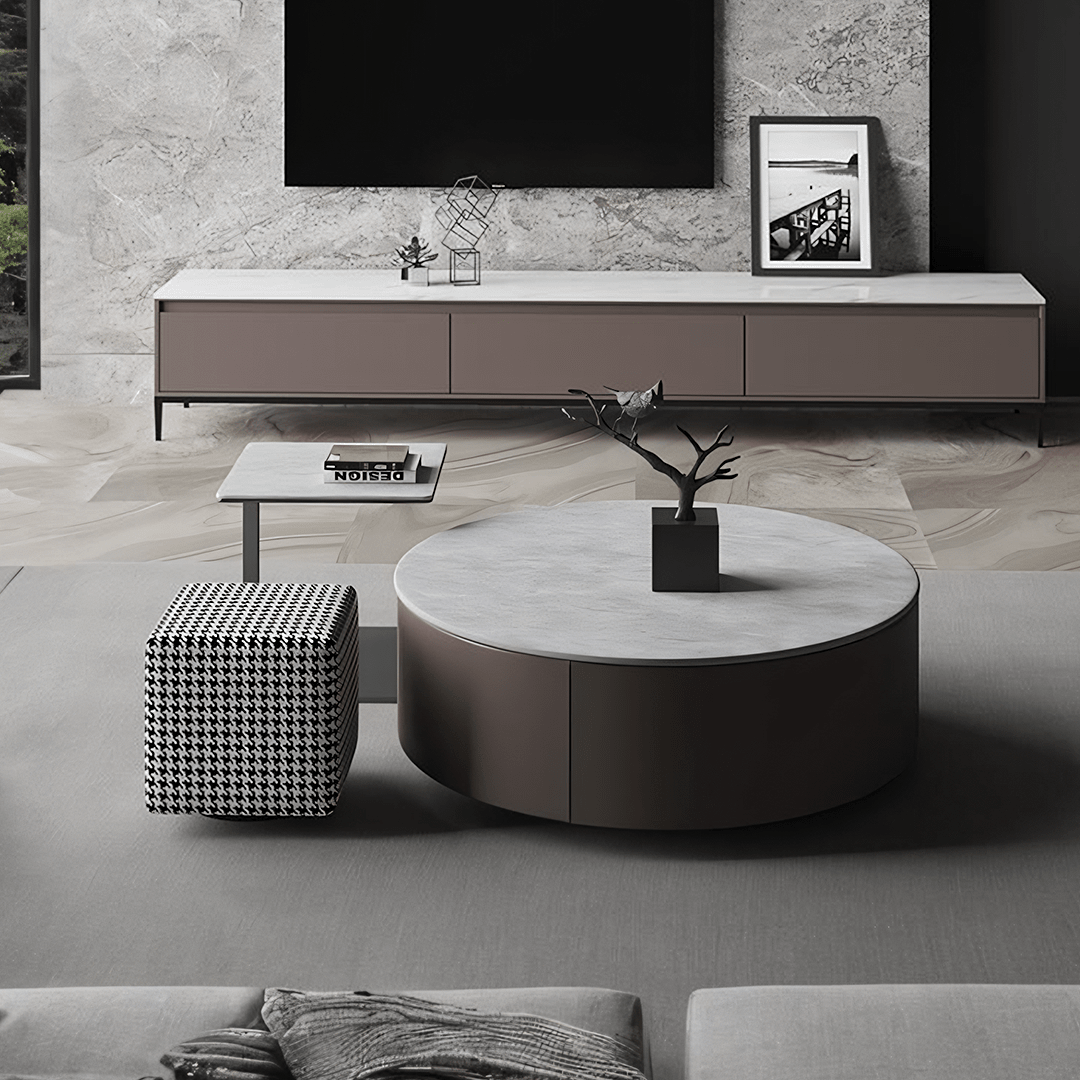 Alvis Coffee Table Set With Stool, Sintered Stone - Miola