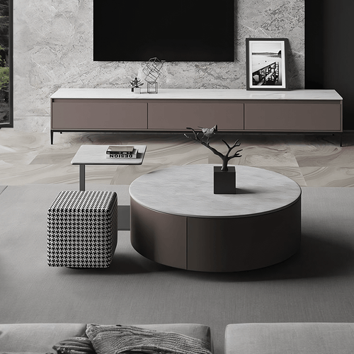 Alvis Coffee Table Set With Stool, Sintered Stone - Miola