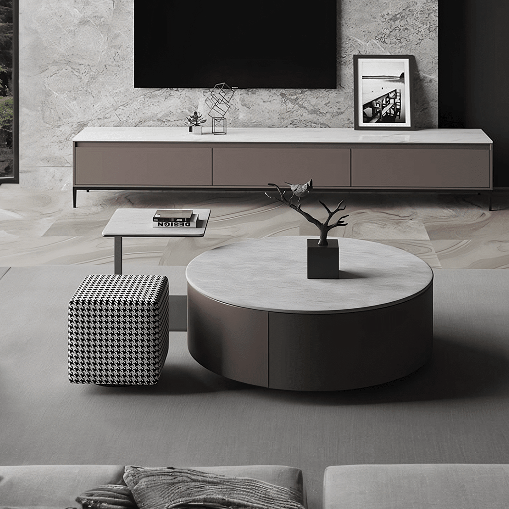 Alvis Coffee Table Set With Stool, Sintered Stone - Miola