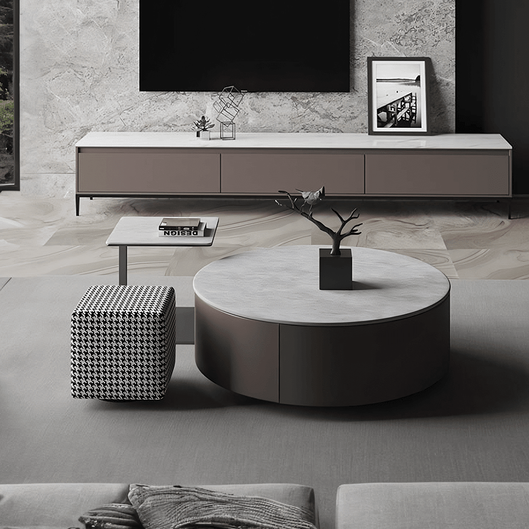 Alvis Coffee Table Set With Stool, Sintered Stone - Miola