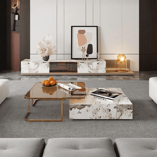 AnMoo Nesting Coffee Table Set With TV Stand, Golden Base - Miola