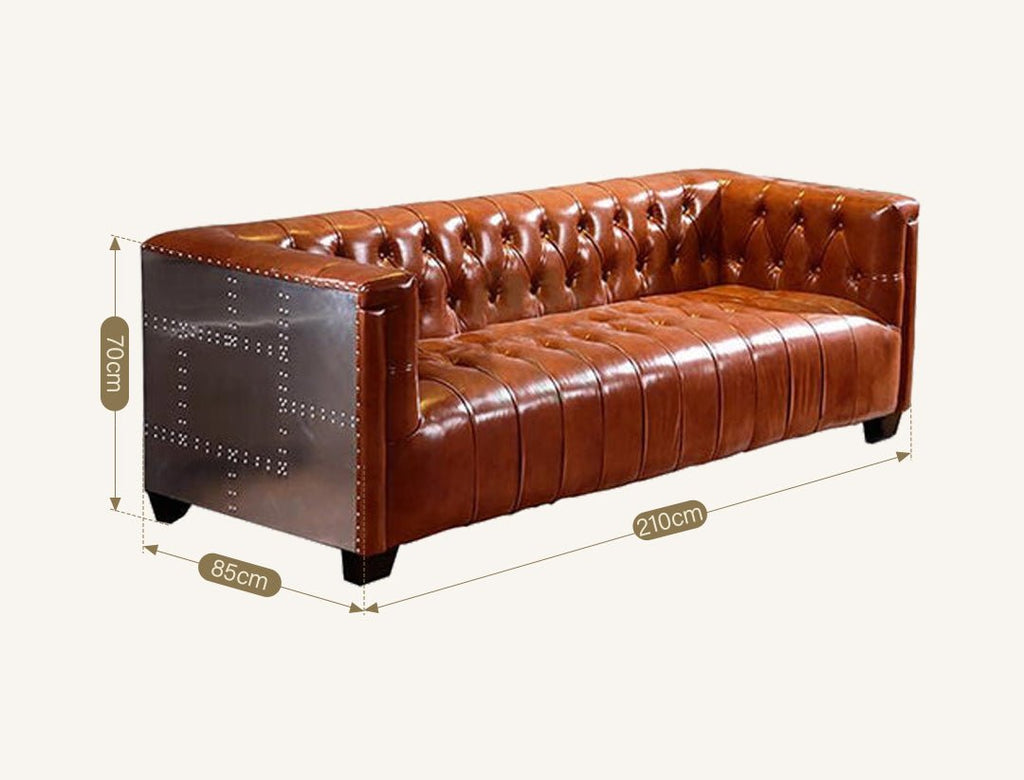Aviator Three Seater Sofa, Real Leather And Aluminium - Miola