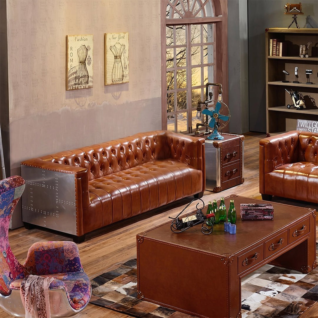 Aviator Three Seater Sofa, Real Leather And Aluminium - Miola