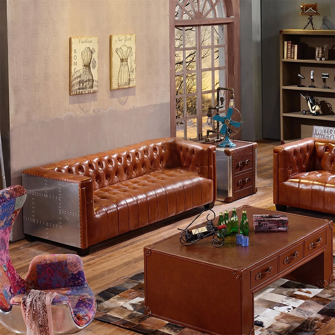 Aviator Three Seater Sofa, Real Leather And Aluminium - Miola