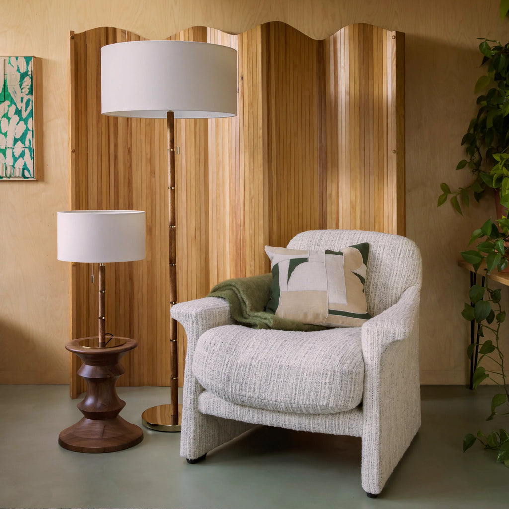 Wood & brass disk floor lamp - Miola