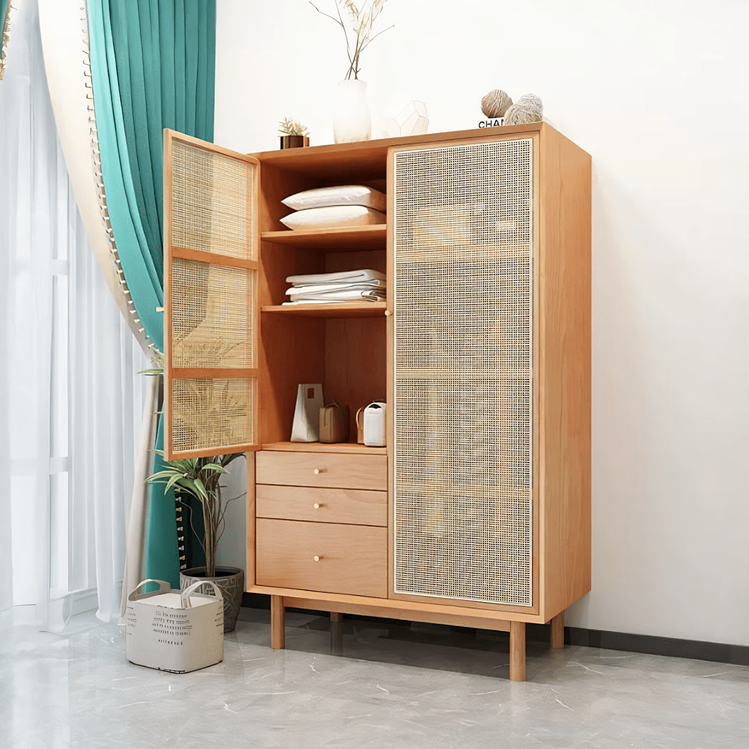 Bernadette Wardrobe, Hallway Storage, Natural Rattan & Oak - Miola
