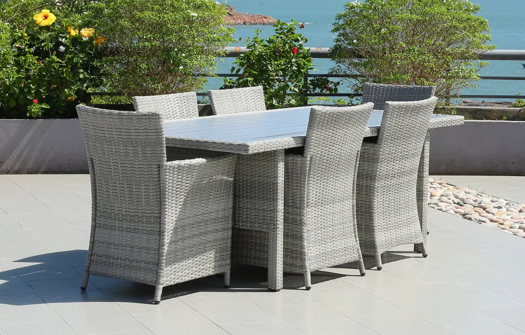 6 Seater Rectangular Rattan and Polywood Grey Garden Dining Set 200cm