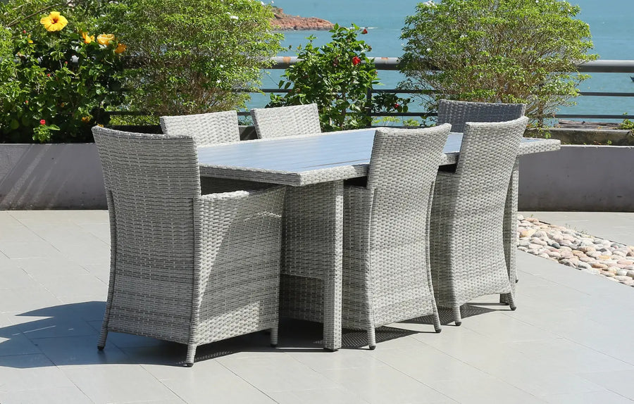 6 Seater Rectangular Rattan and Polywood Grey Garden Dining Set 200cm